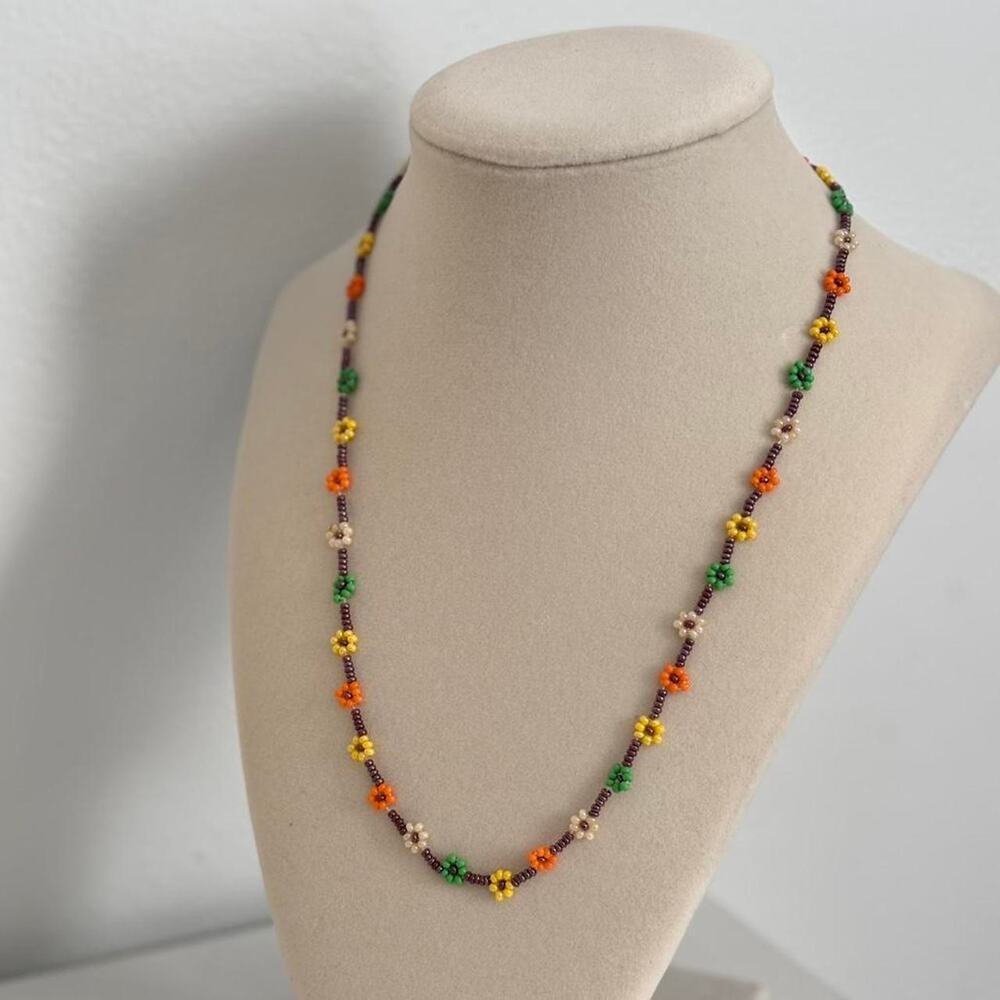 Multicoloured Beaded Flower Necklace Handmade Floral Jewelry Unique Gift - Picture 4 of 4